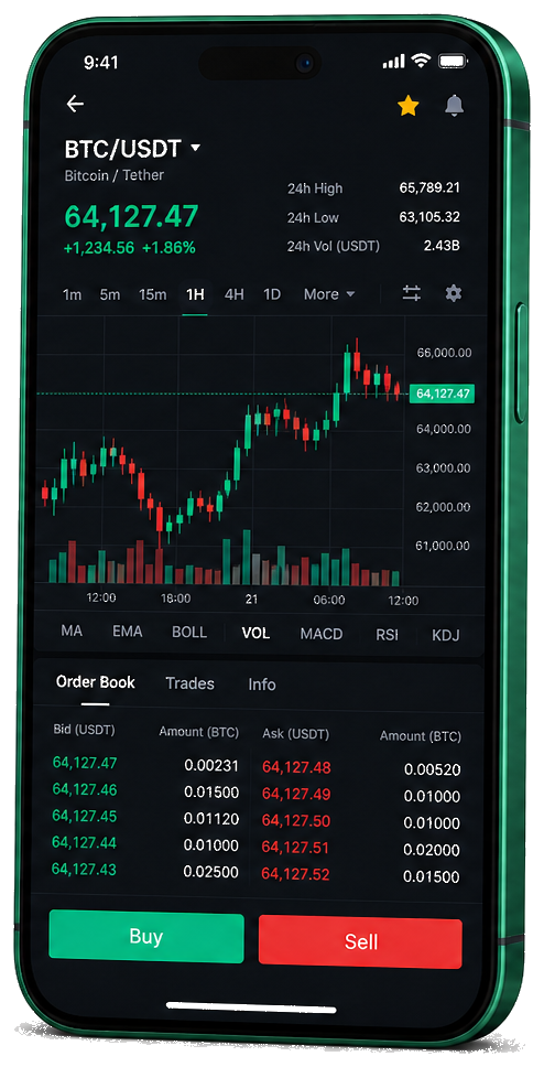 Mobiele handelsinterface van Flusso Valtexis — live BTC/USDT-grafiek met orderboek en functies voor kopen en verkopen